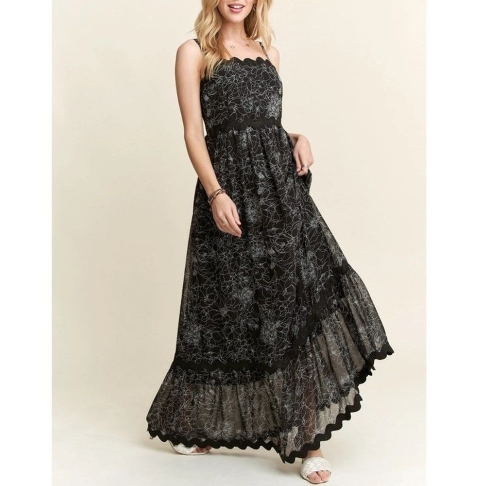 Adora Black Floral Maxi Dress Smocked Back Sz S